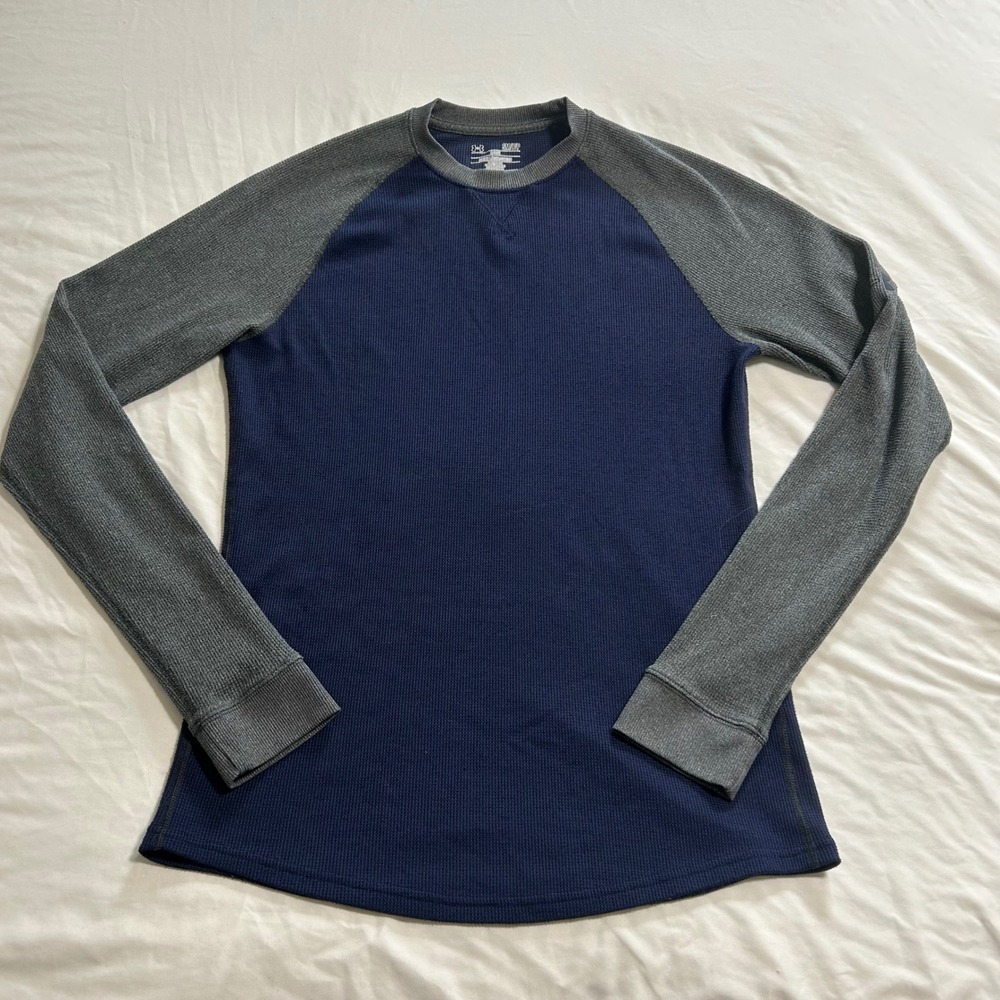 Under Armour Mens Loose Fit Waffle Knit Raglan Thermal Shirt Navy Gray Small